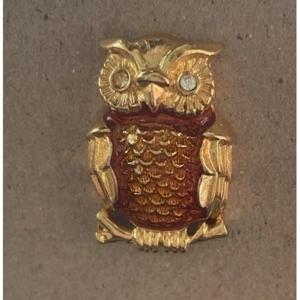 Vintage 1989 Avon Owl Brooch Pin –Amber Enamel Belly & Rhinestone Eyes